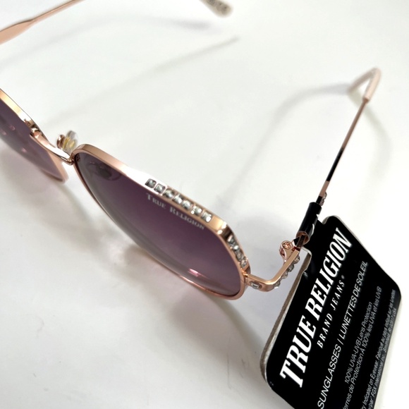 New TRUE RELIGION Square Rhinestone Sunglasses Metal Rose Gold Pink Lens main image 5